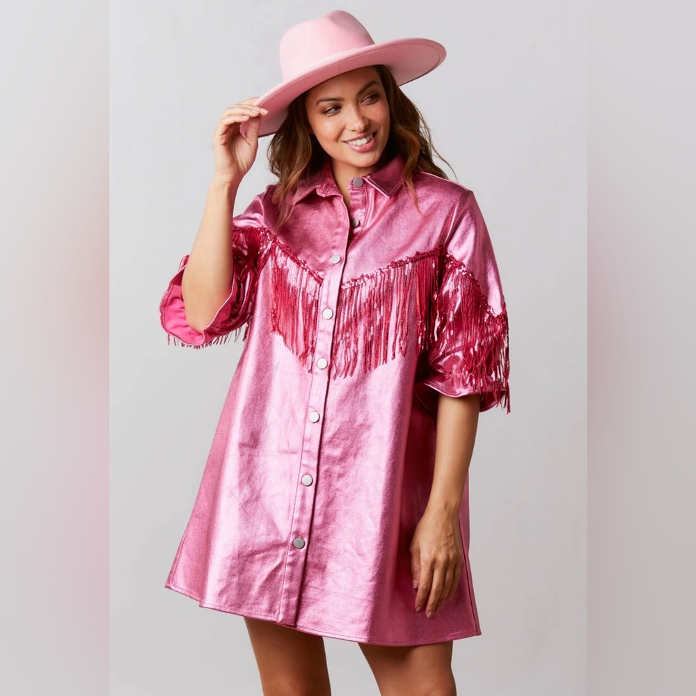 Metallic pink fringe boutique dress